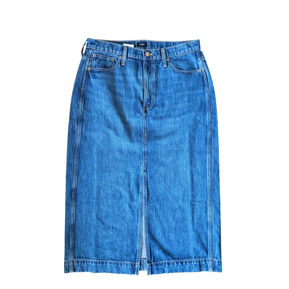 J.Crew Blue Denim‎ Midi Skirt Front Slit Womens 8 NWT